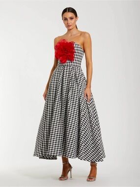 Mac Duggal 37068 BStrapless Boucle A-Line Midi Dress With 3D Flower Size 6 NWT